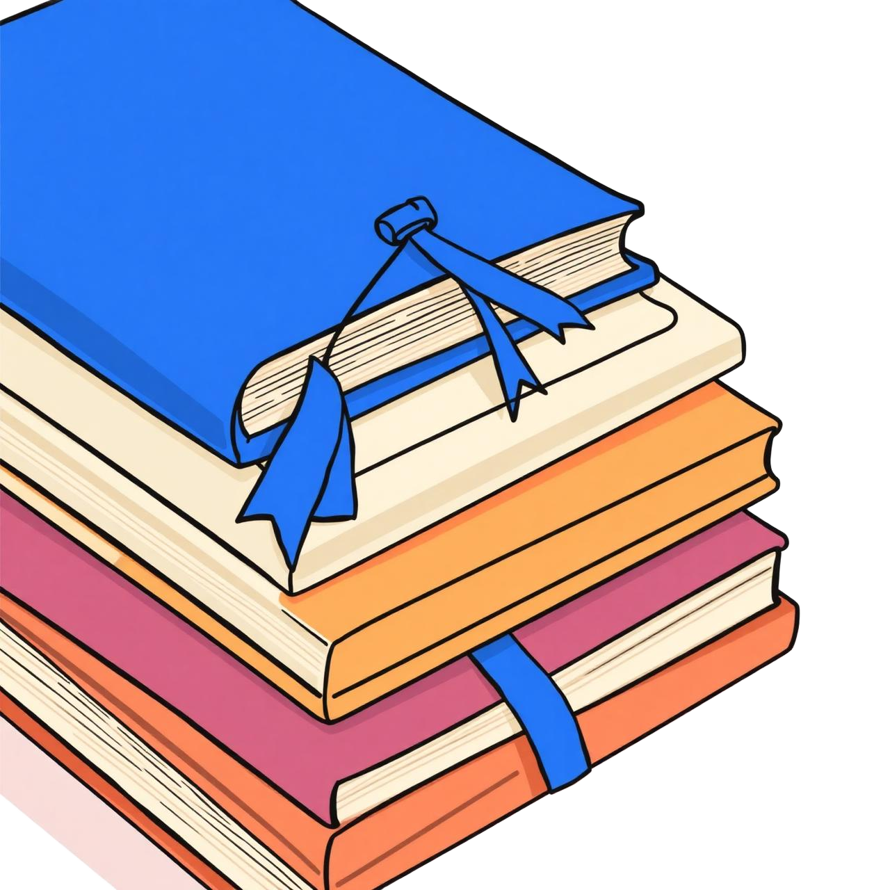A neatly arranged stack of colorful books with a blue ribbon bookmark